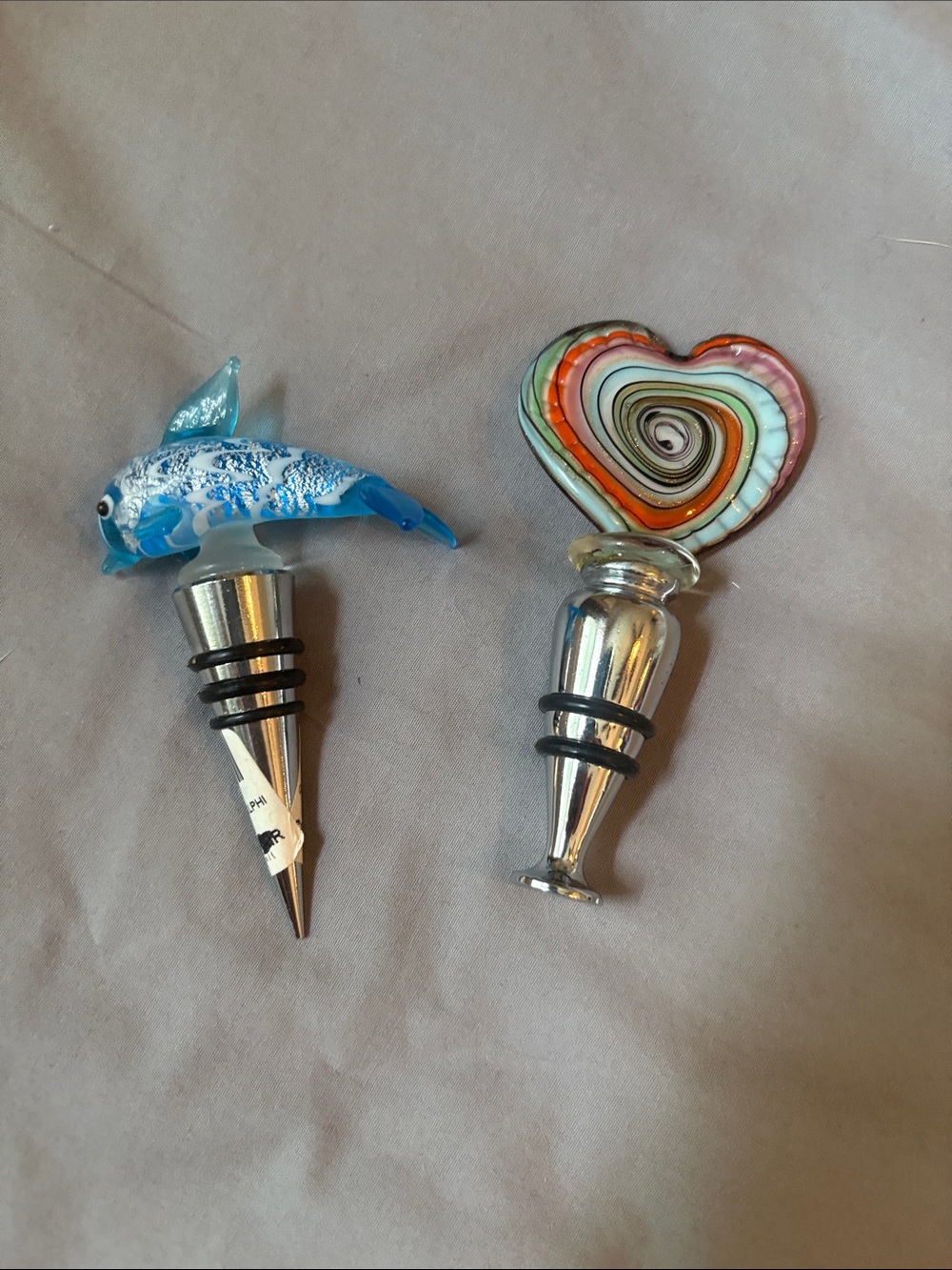 Glass Dolphin and Heart Wine Bottle Stoppers - Blue and Multicolor